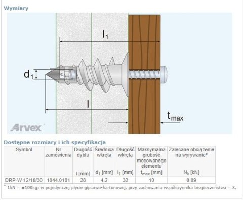 DYBEL DRIVA WKRĘT Z NACIĘCIEM KRZYŻOWYM DRP-W 12/10/30MM DYBEL DRIVA WKRĘT Z NACIĘCIEM KRZYŻOWYM DRP-W 12/10/30MM