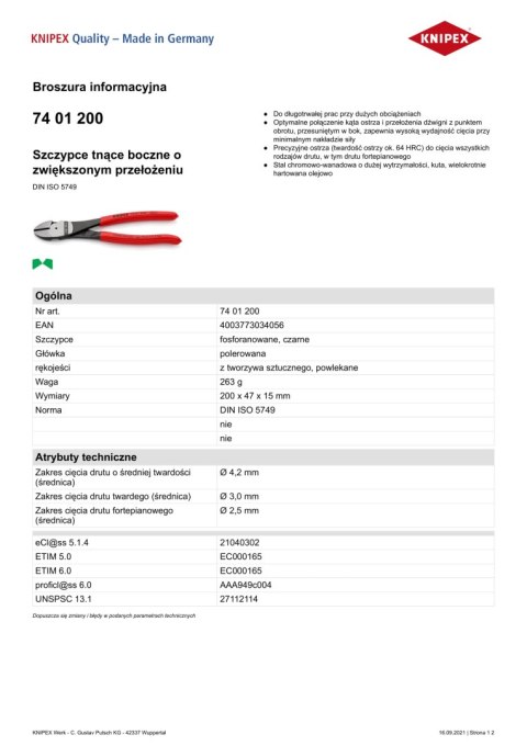 SZCZYPCE TNĄCE BOCZNE O ZWIĘKSZONYM PRZEŁOŻENIU 200MM SZCZYPCE TNĄCE BOCZNE O ZWIĘKSZONYM PRZEŁOŻENIU 200MM