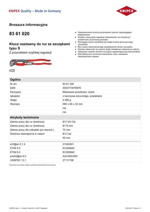 KLUCZ DO RUR, ROZSTAW 50 70MM, DŁ. 560 MM KLUCZ DO RUR, ROZSTAW 50 70MM, DŁ. 560 MM
