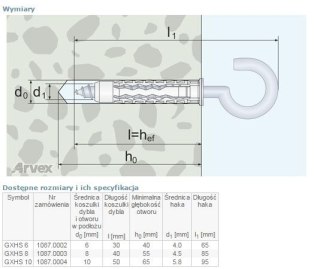 DYBEL UNIVERSALNY Z HAKIEM SUFITOWYM GXHS 6MM