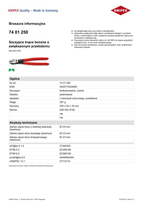 SZCZYPCE TNĄCE BOCZNE O ZWIĘKSZONYM PRZEŁOŻENIU 250MM SZCZYPCE TNĄCE BOCZNE O ZWIĘKSZONYM PRZEŁOŻENIU 250MM