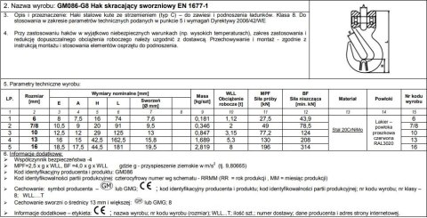HAK SKRACAJĄCY ZE SWORZNIEM 6MM G8 WLL 1,12T HAK SKRACAJĄCY ZE SWORZNIEM 6MM G8 WLL 1,12T