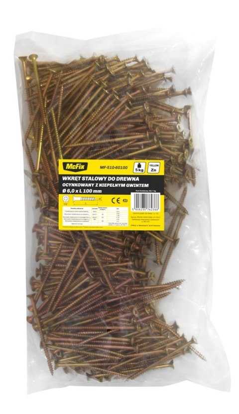 WKRĘT DO DREWNA OCYNK ŻÓŁTY 6.0*100MM GWINT NIEPEŁNY WKRĘT DO DREWNA OCYNK ŻÓŁTY 6.0*100MM GWINT NIEPEŁNY